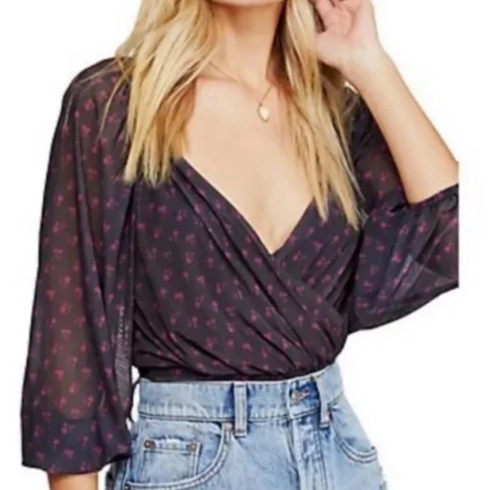 Free People Sweetie Pie Pink Black Mesh Top size S